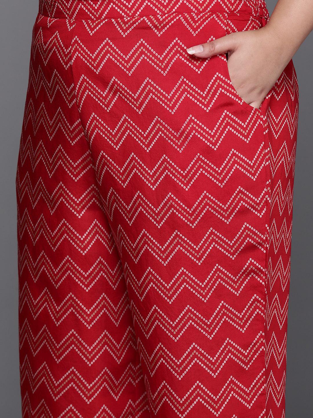 Plus Size Red Printed Silk Blend Straight Kurta With Trousers & Dupatta - ShopLibas