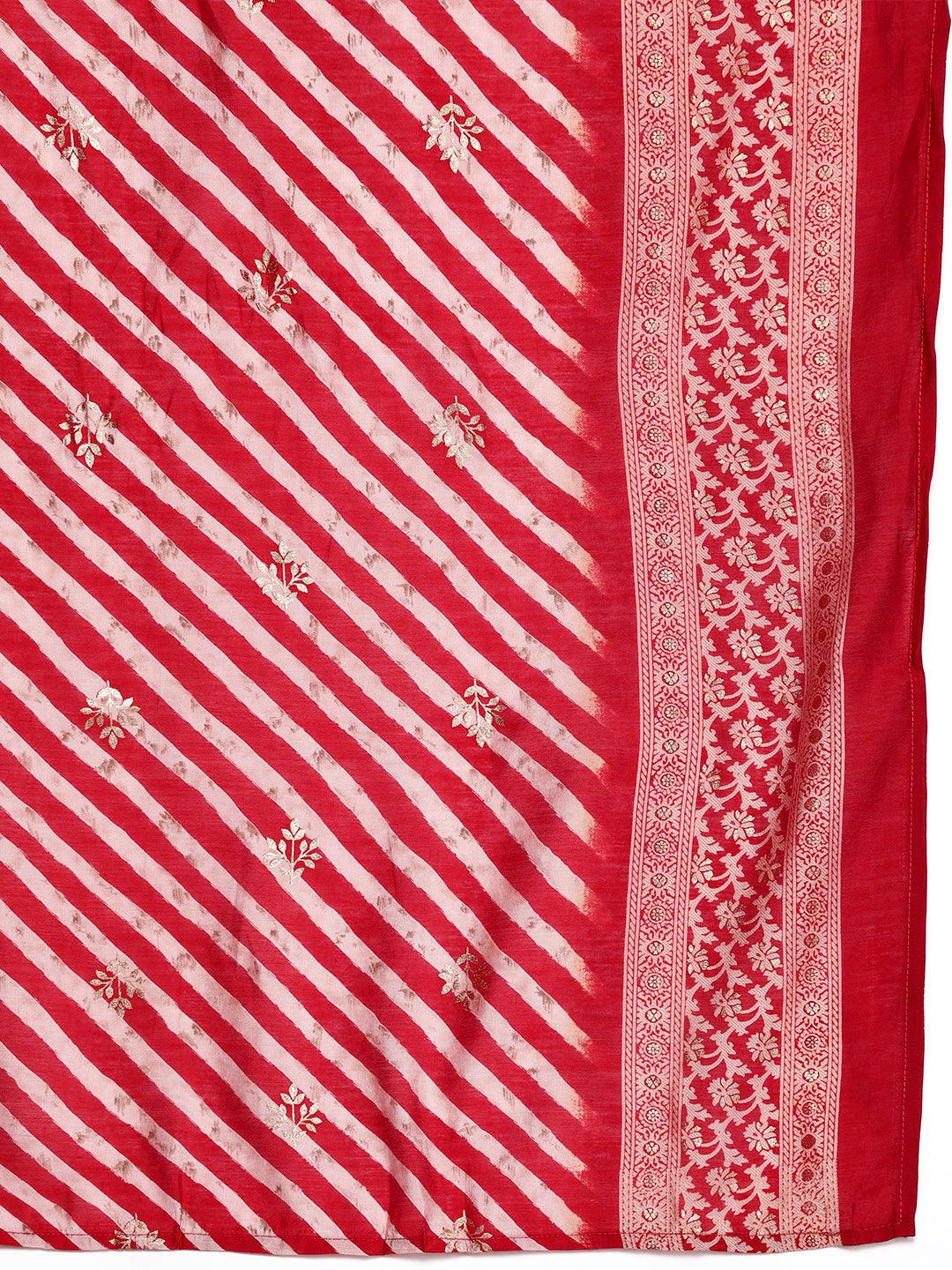 Plus Size Red Printed Silk Blend Straight Kurta With Trousers & Dupatta - ShopLibas