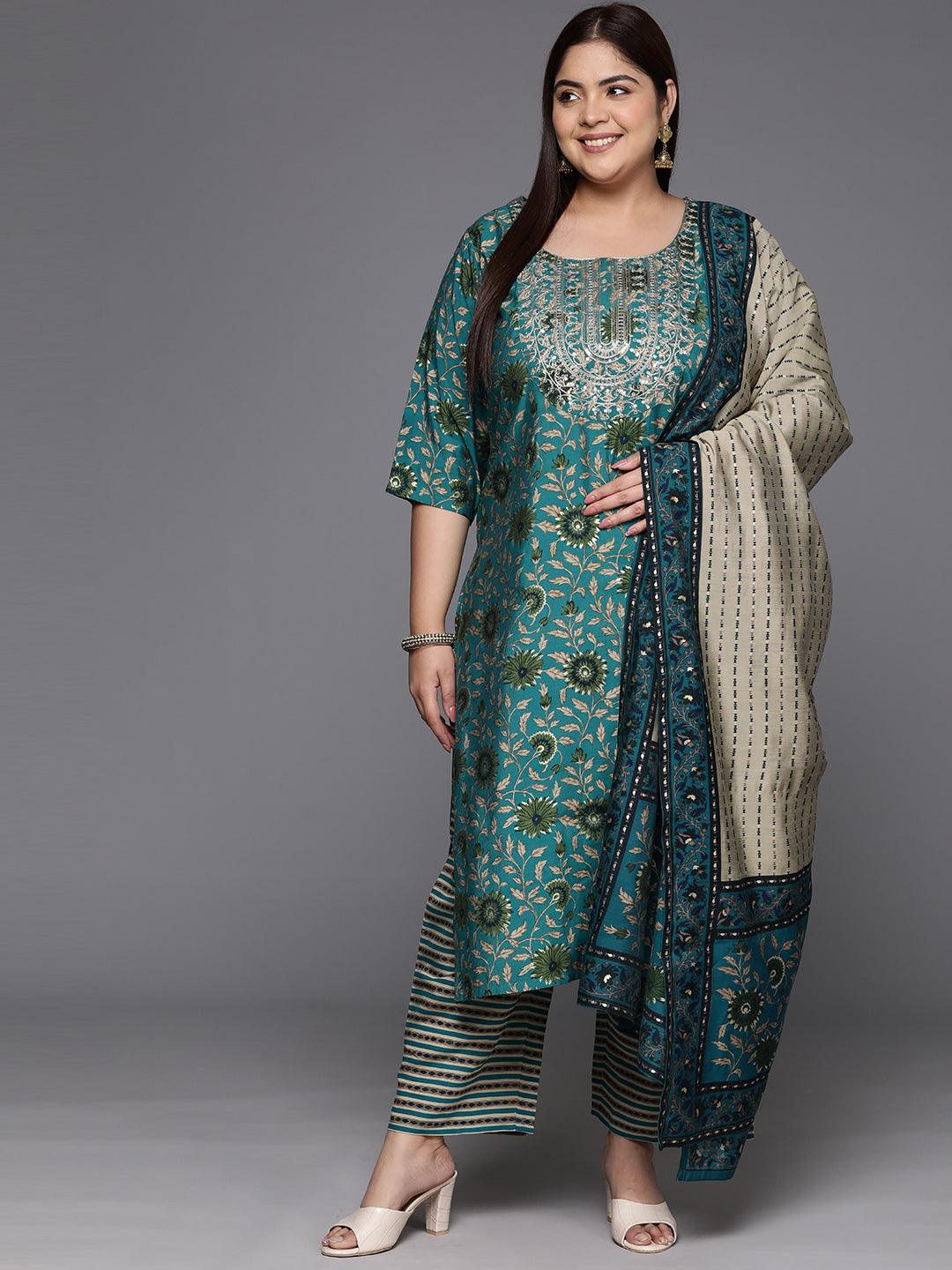 Plus Size Blue Yoke Design Silk Blend Straight Kurta With Trousers & Dupatta - ShopLibas