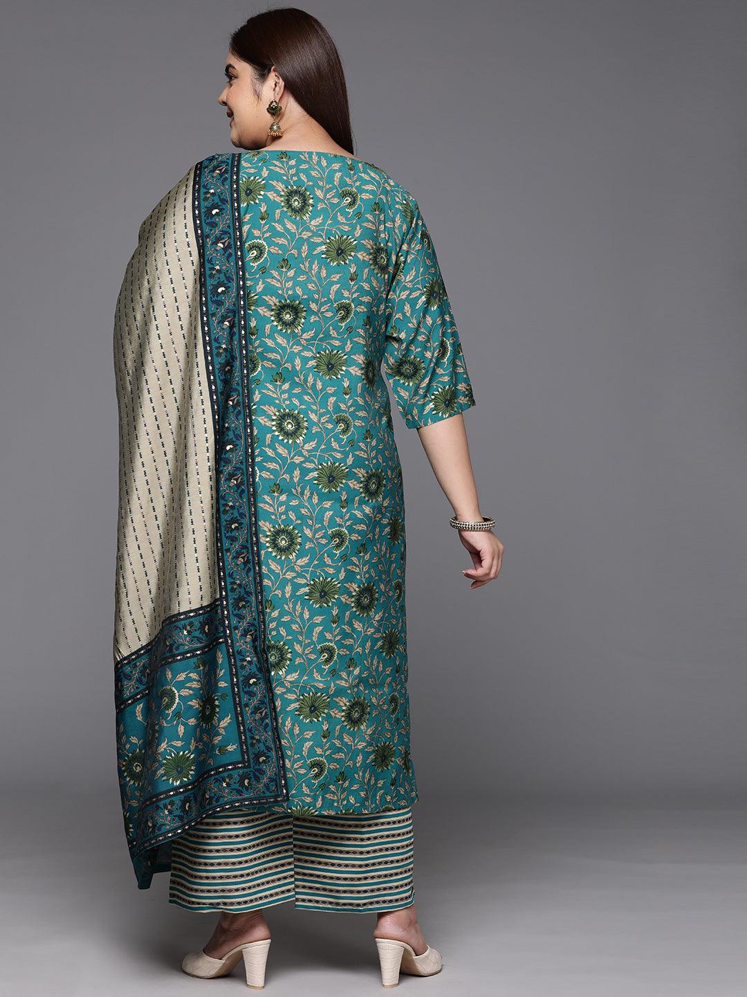 Plus Size Blue Yoke Design Silk Blend Straight Kurta With Trousers & Dupatta - ShopLibas