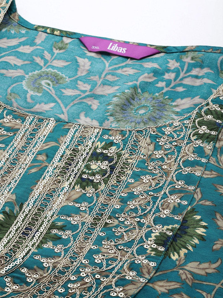 Plus Size Blue Yoke Design Silk Blend Straight Suit With Dupatta