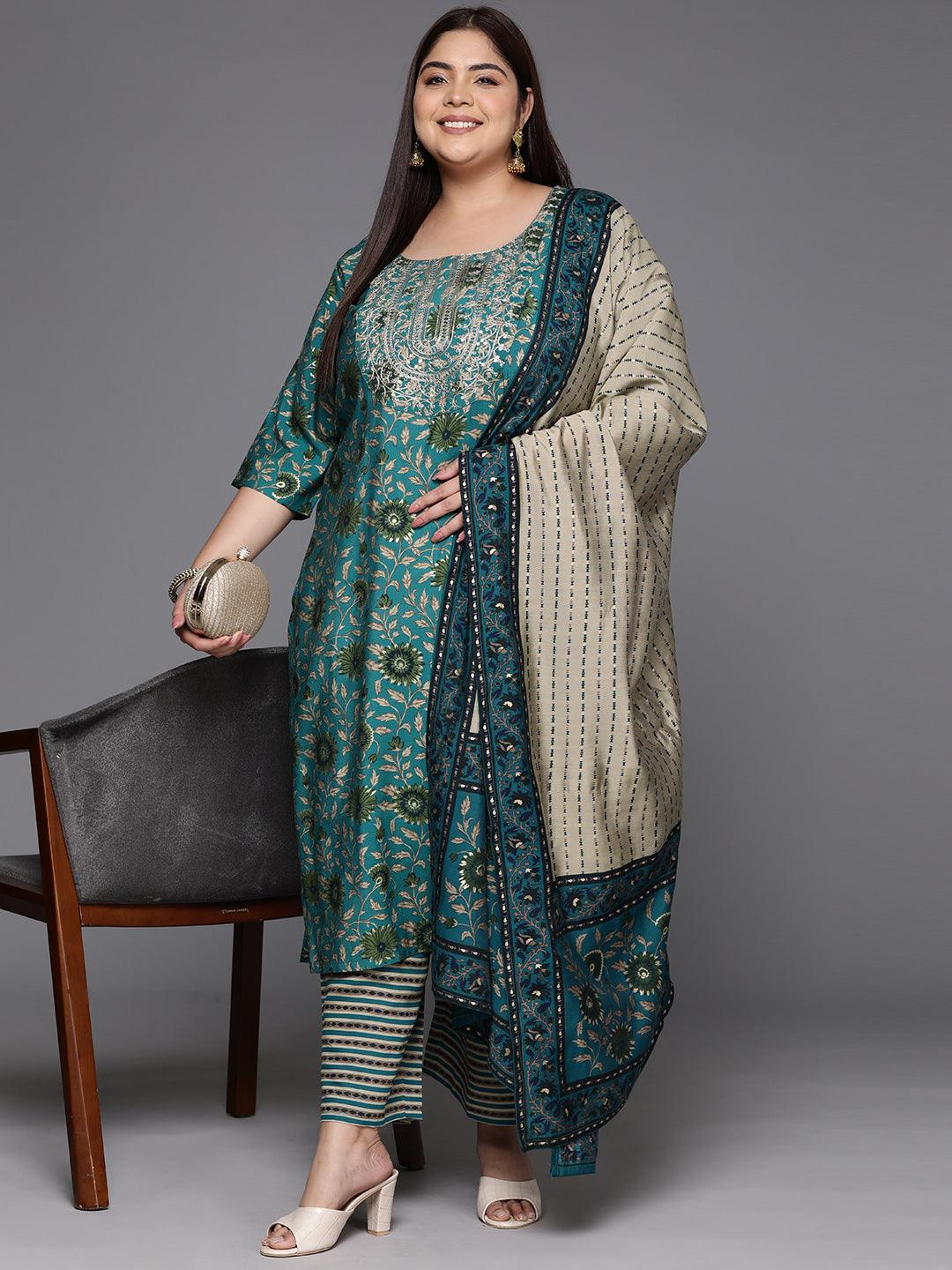 Plus Size Blue Yoke Design Silk Blend Straight Kurta With Trousers & Dupatta - ShopLibas