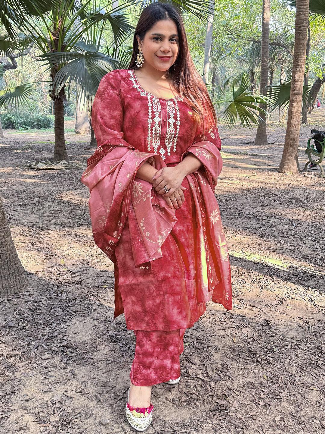 Coral Printed Silk Blend Straight Kurta With Trousers & Dupatta - ShopLibas