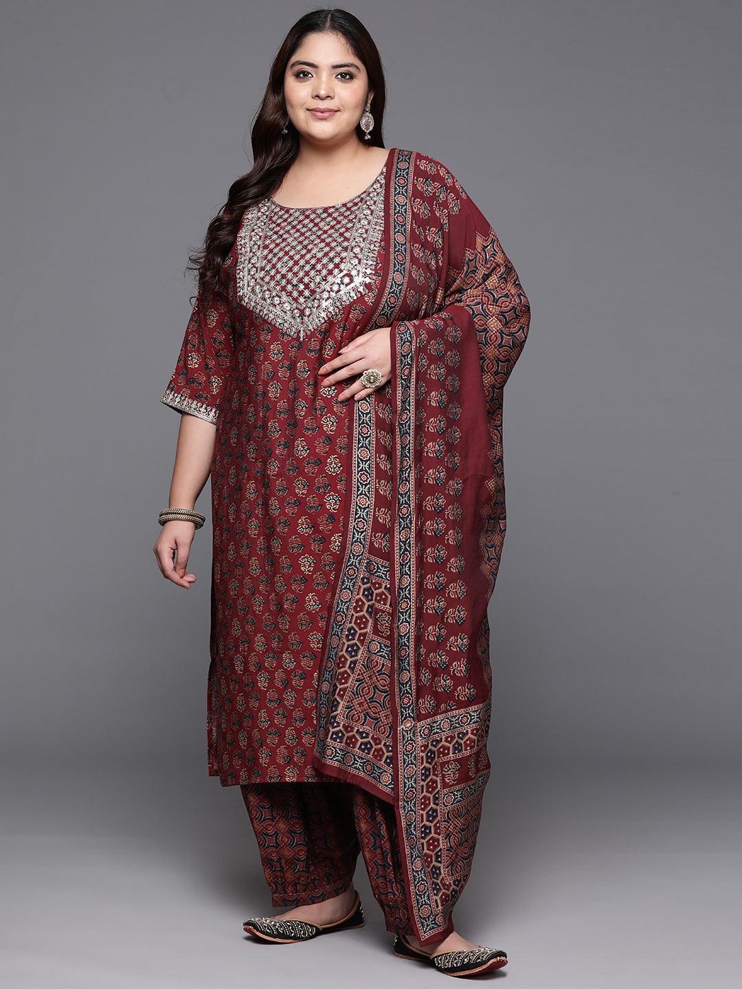 Plus Size Red Yoke Design Silk Blend Straight Suit With Dupatta