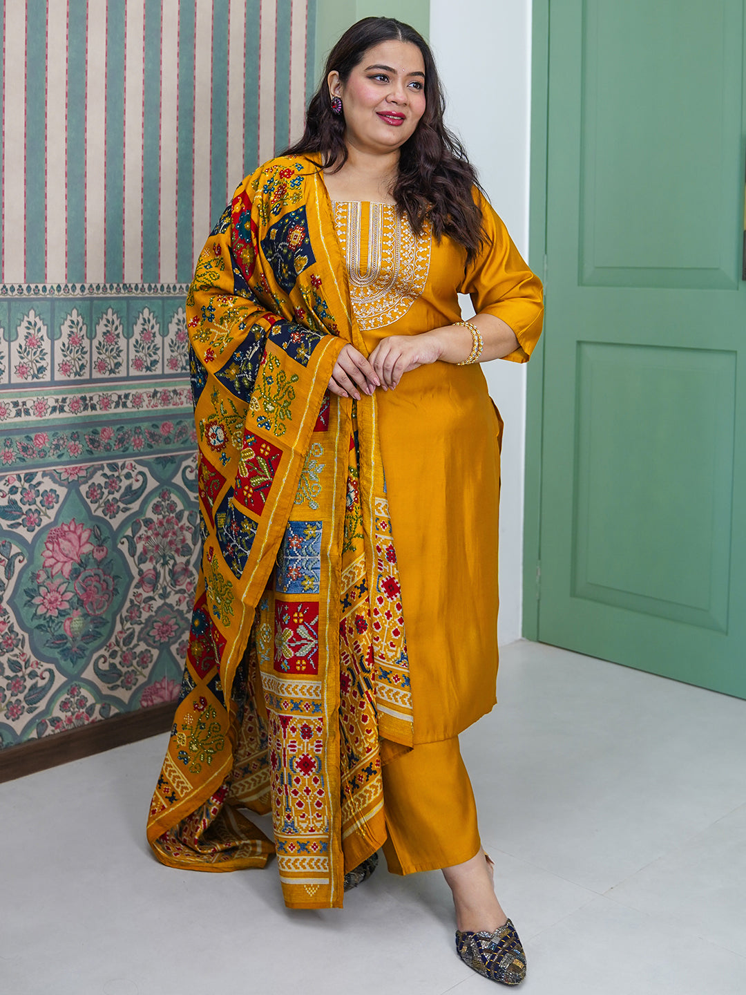 Plus Size Mustard Printed Silk Blend Straight Suit With Dupatta