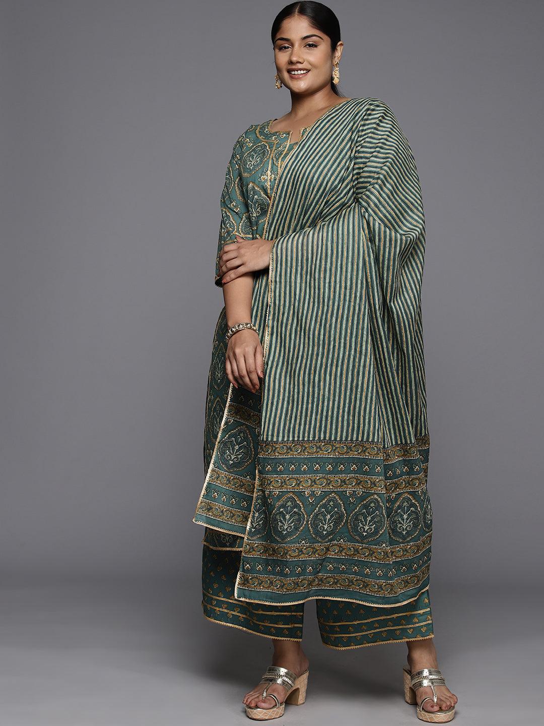 Plus Size Green Printed Cotton Straight Kurta With Palazzos & Dupatta - ShopLibas