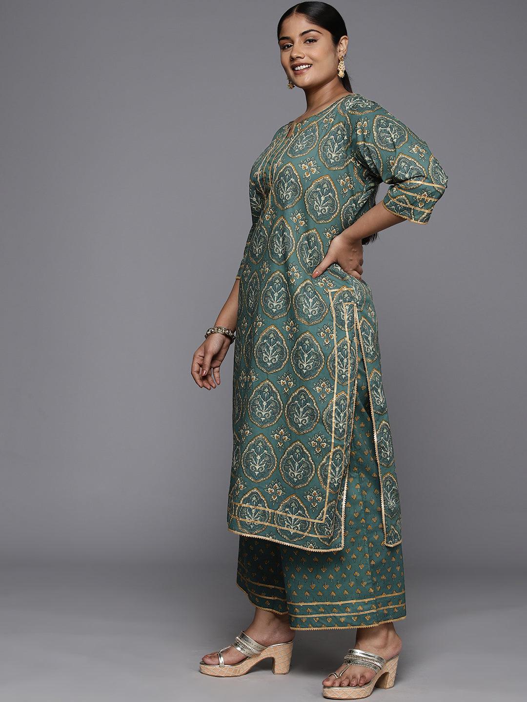 Plus Size Green Printed Cotton Straight Kurta With Palazzos & Dupatta - ShopLibas