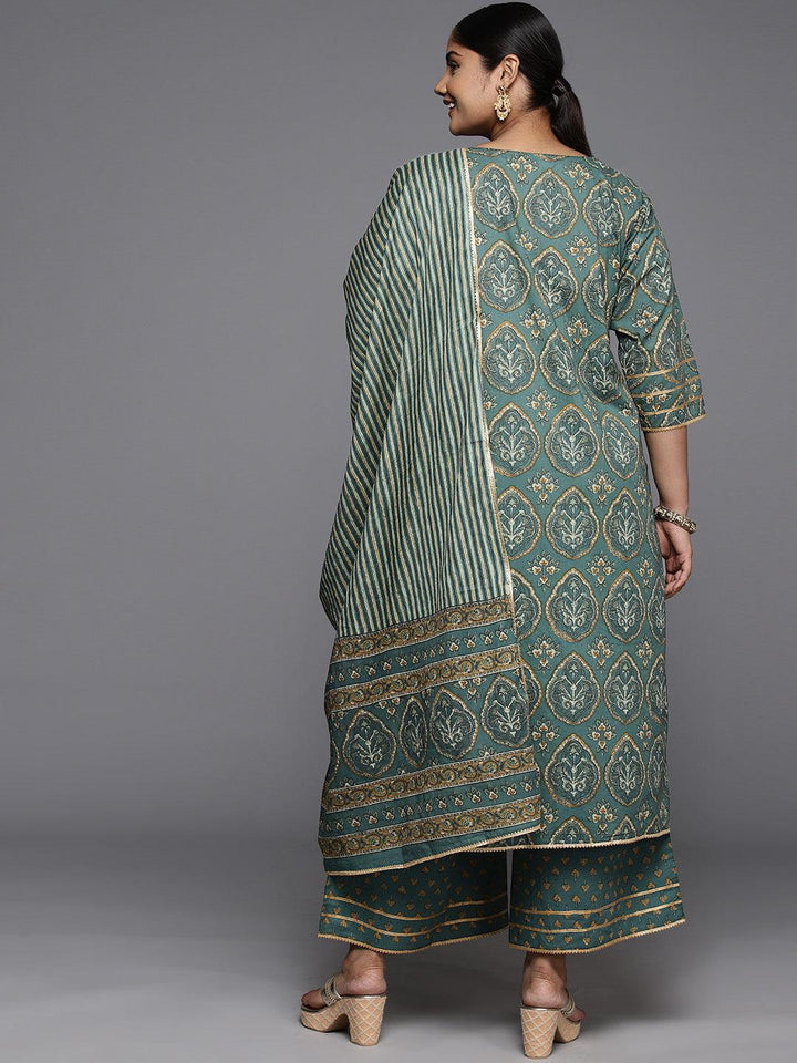 Plus Size Green Printed Cotton Straight Suit With Dupatta
