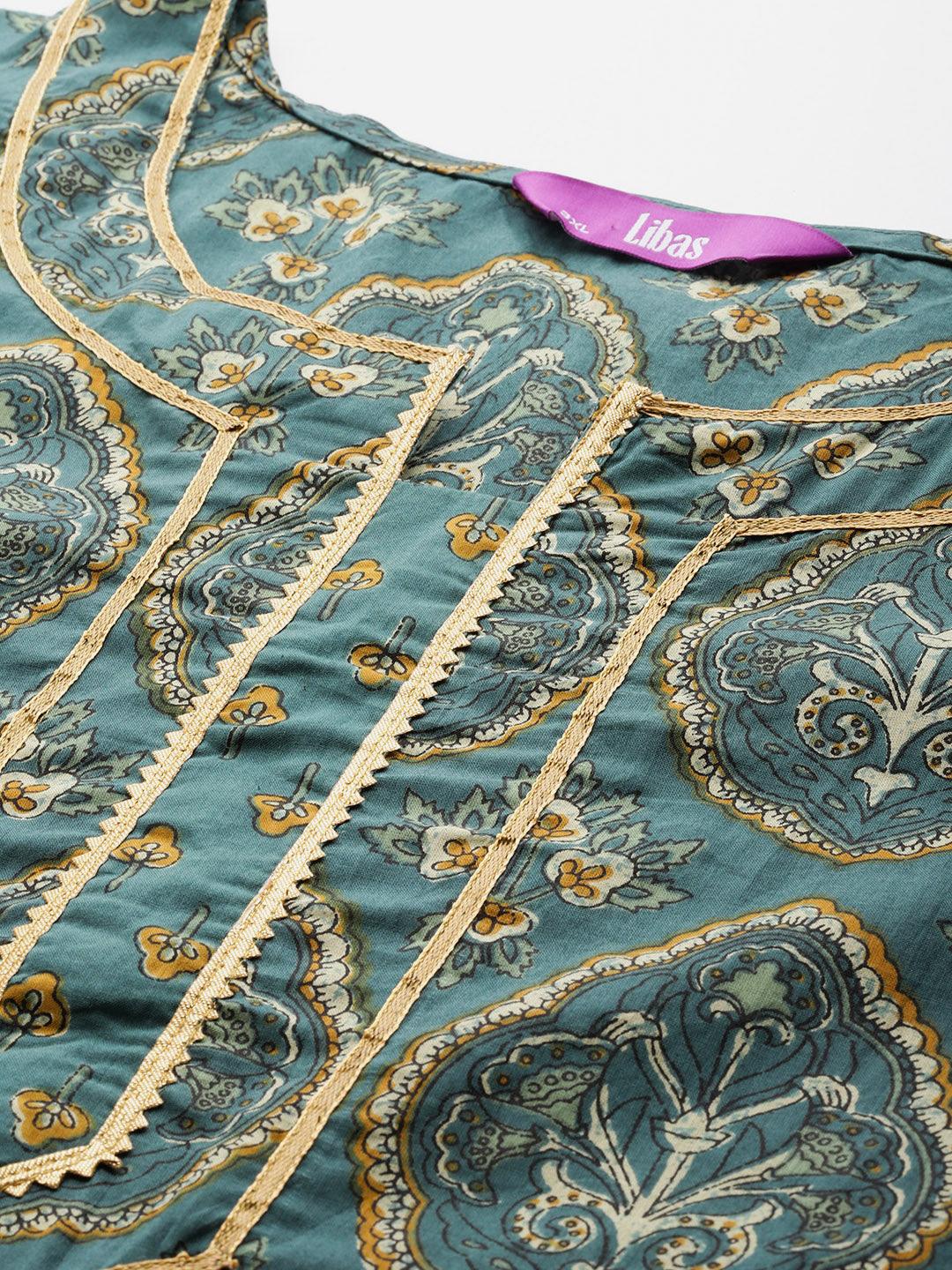 Plus Size Green Printed Cotton Straight Kurta With Palazzos & Dupatta - ShopLibas