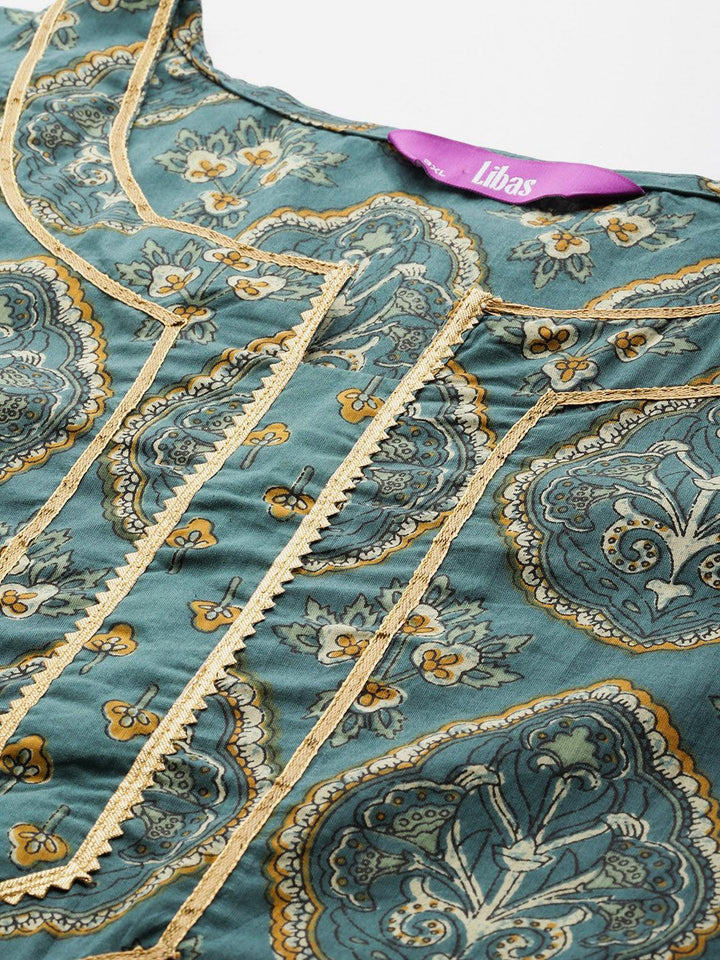 Plus Size Green Printed Cotton Straight Suit With Dupatta