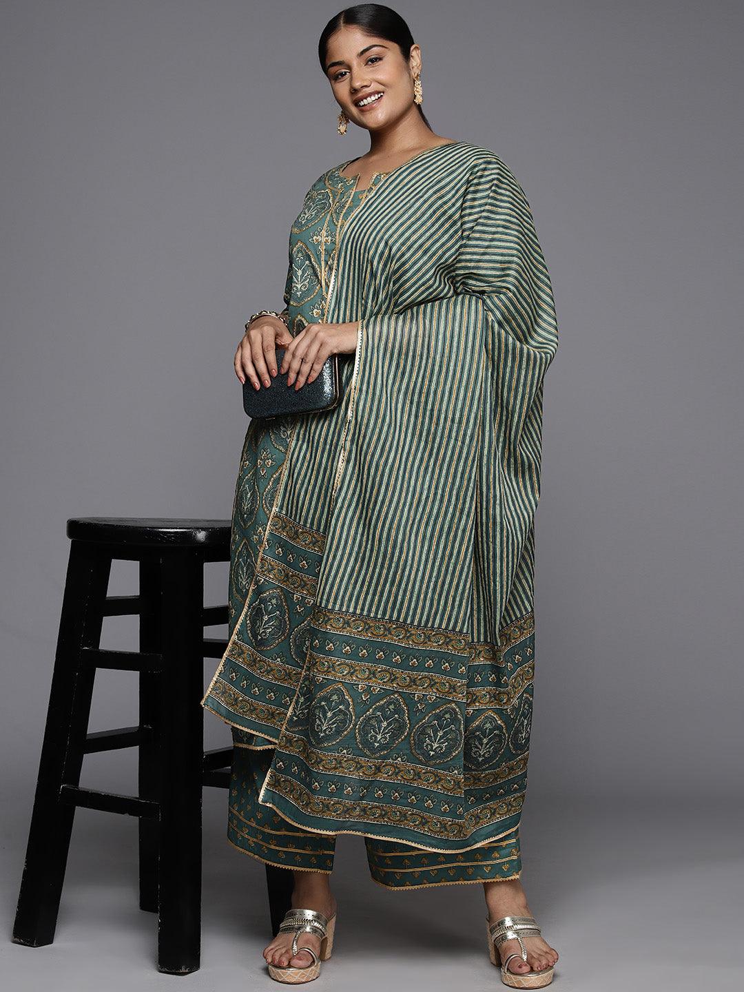 Plus Size Green Printed Cotton Straight Kurta With Palazzos & Dupatta - ShopLibas