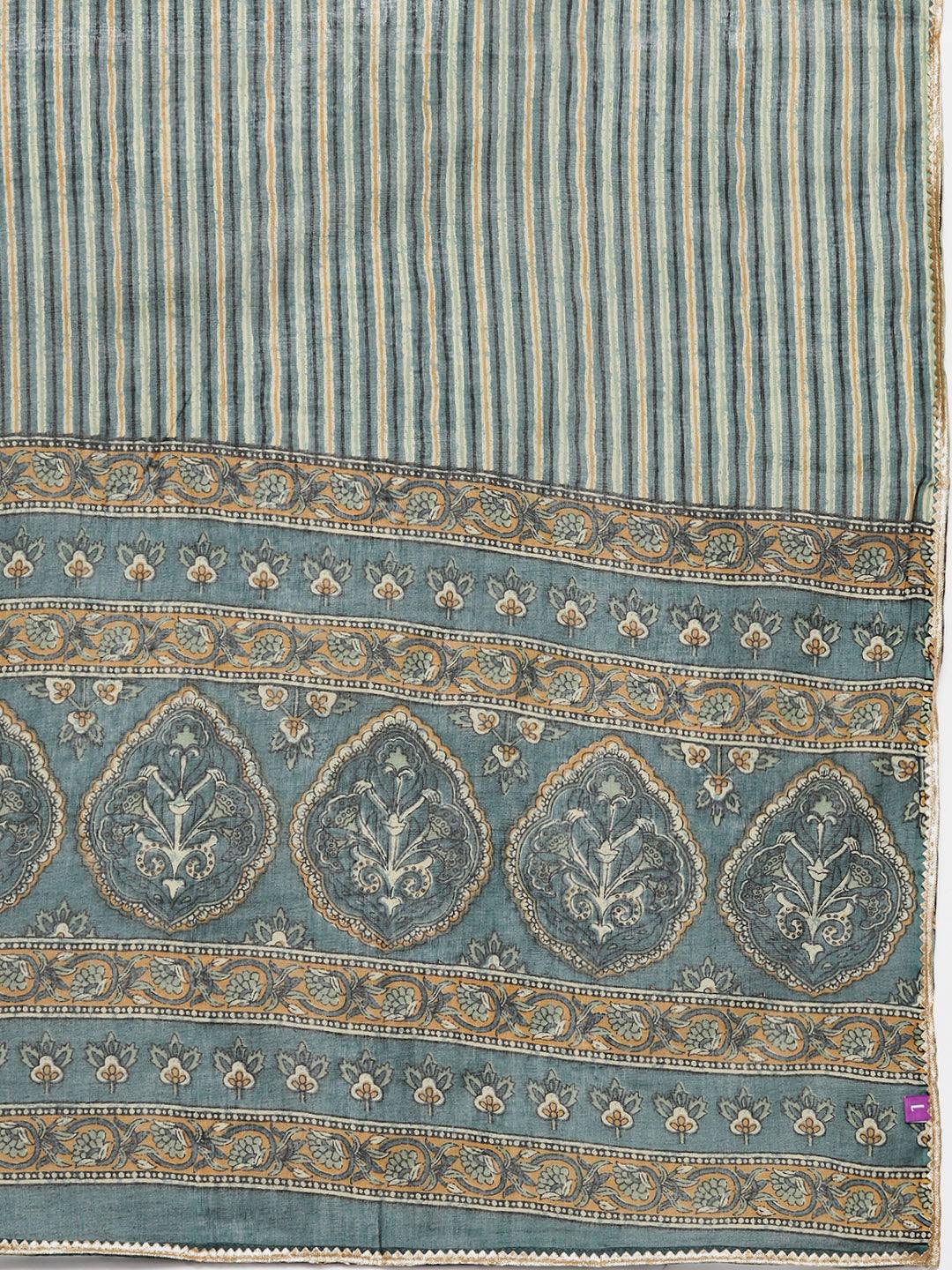 Plus Size Green Printed Cotton Straight Kurta With Palazzos & Dupatta - ShopLibas