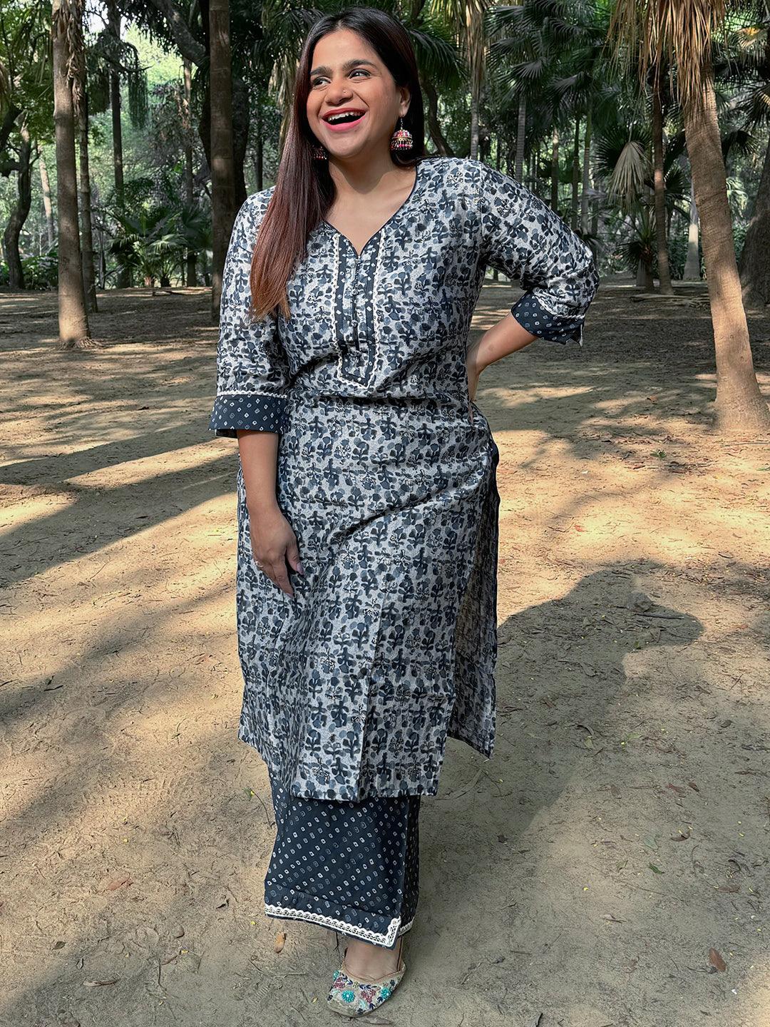 Blue Printed Silk Blend Straight Kurta With Palazzos - ShopLibas