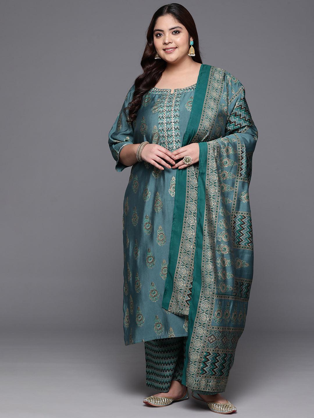 Plus Size Blue Printed Silk Blend Straight Kurta With Trousers & Dupatta - ShopLibas