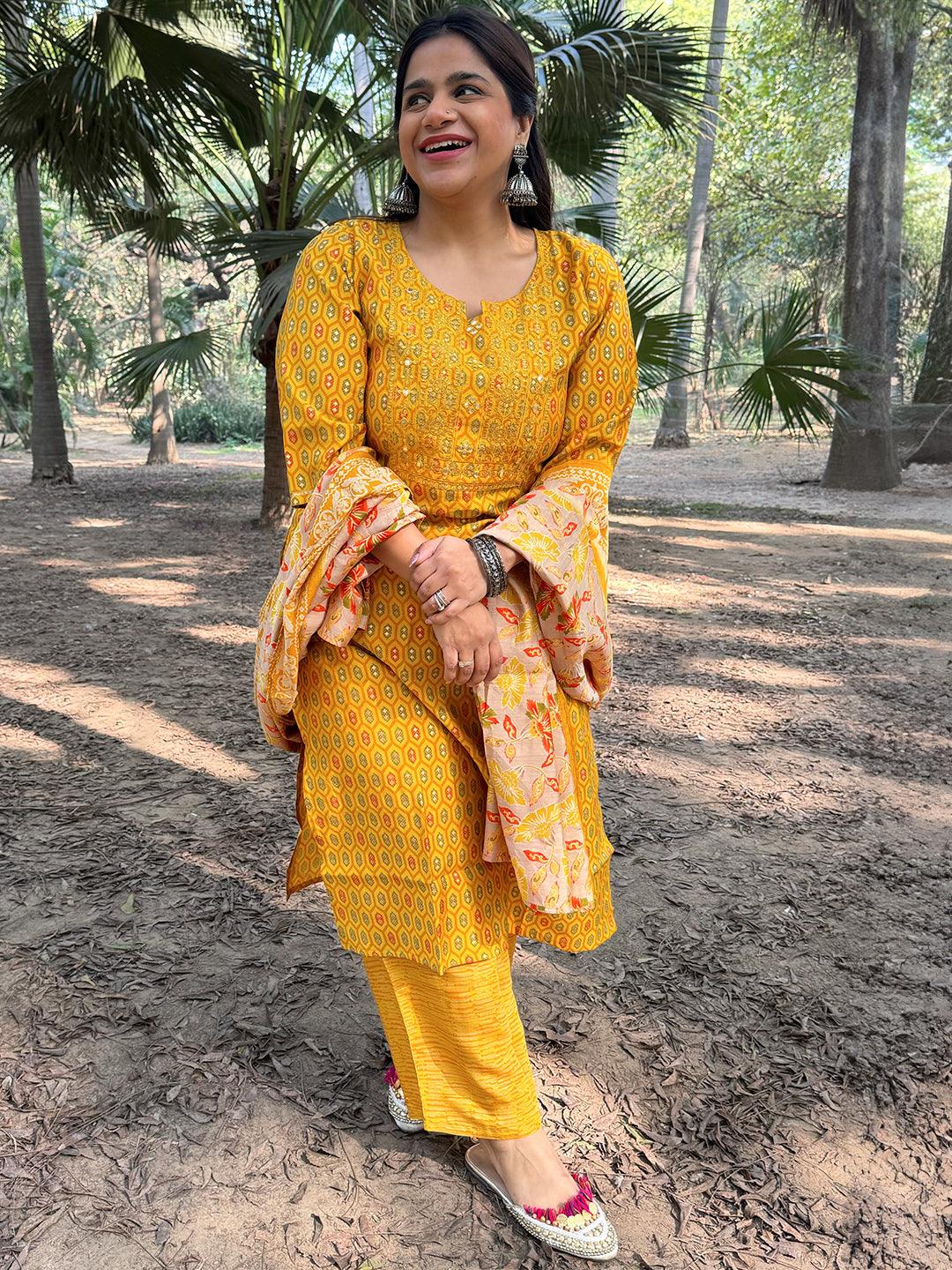 Yellow Printed Silk Blend Straight Kurta With Trousers & Dupatta - ShopLibas