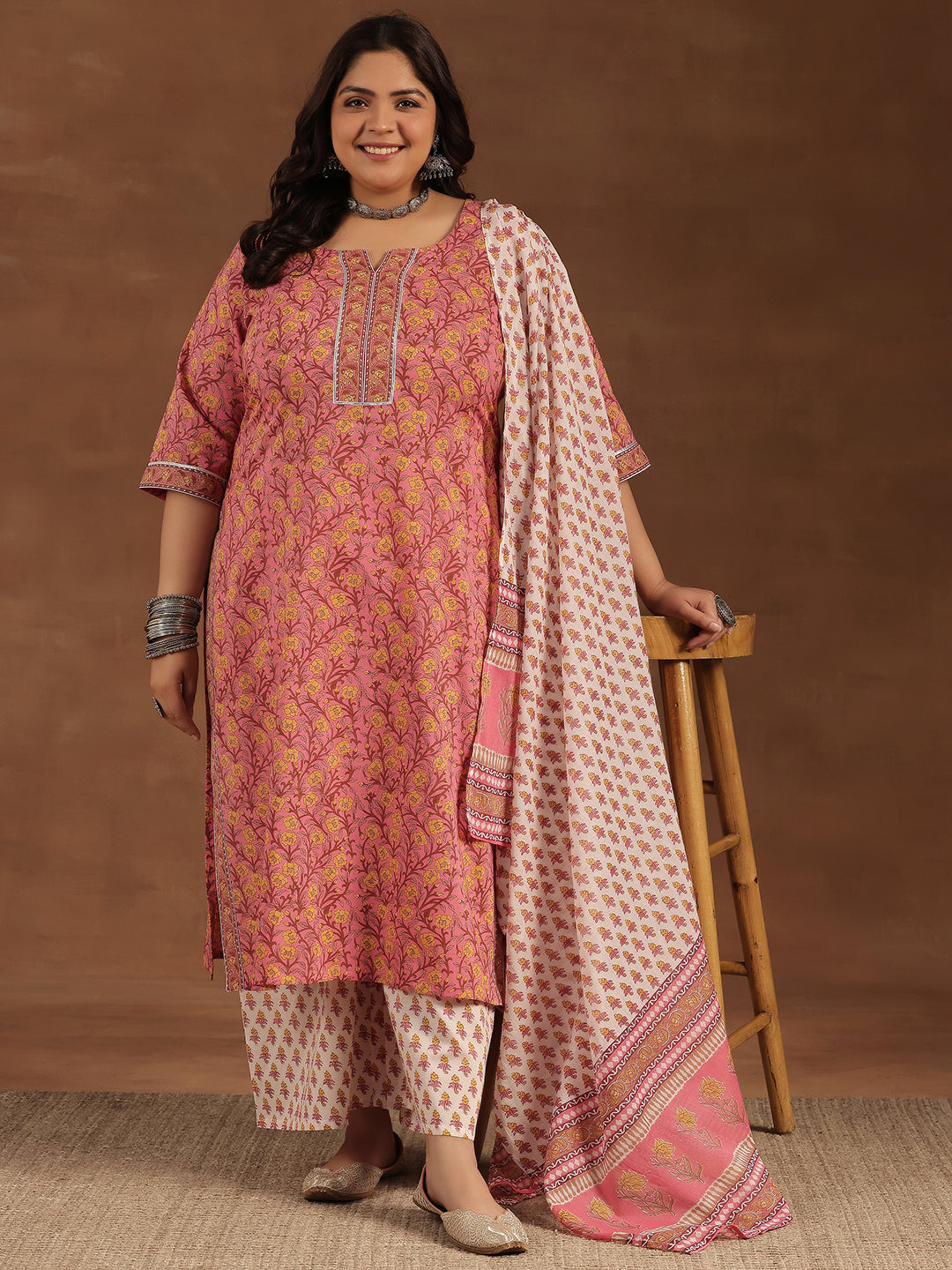 Plus Size Pink Printed Cotton Straight Suit With Dupatta