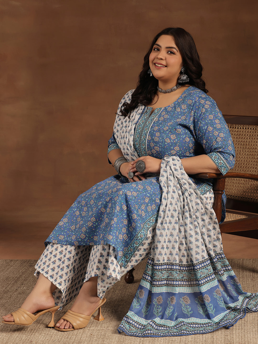Plus Size Blue Printed Cotton Straight Suit With Dupatta