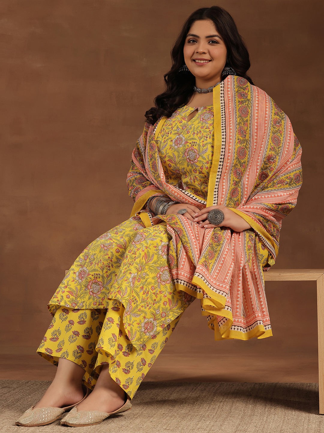 Plus Size Yellow Printed Cotton Straight Suit With Dupatta