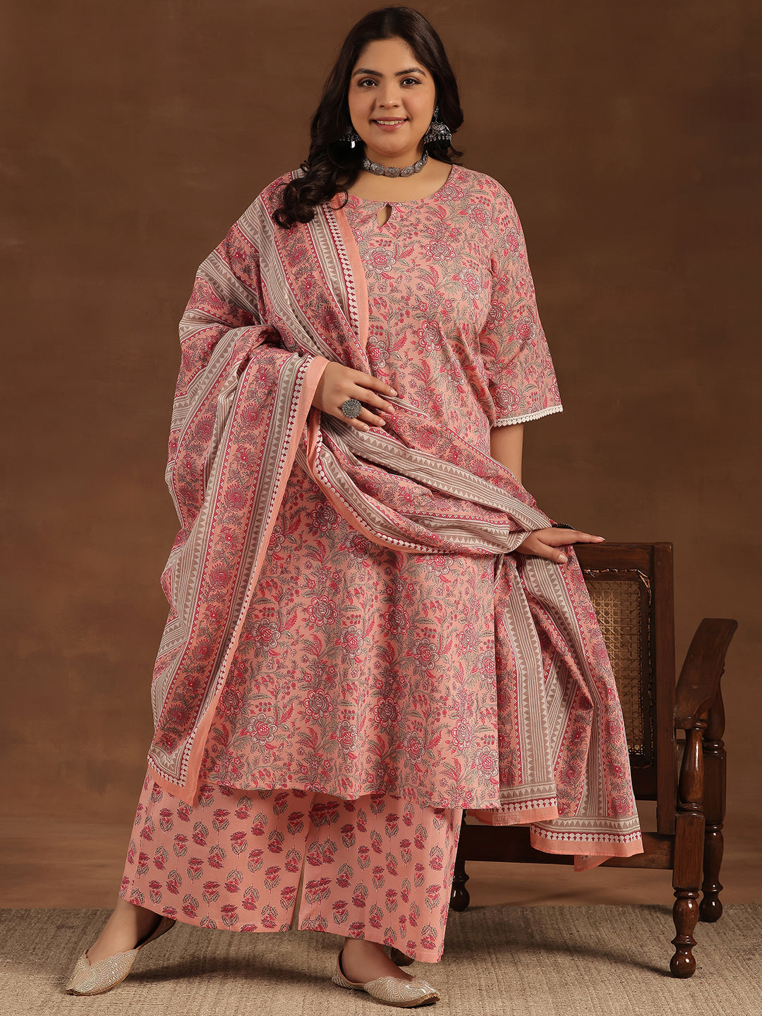 Plus Size Pink Printed Cotton Straight Suit With Dupatta