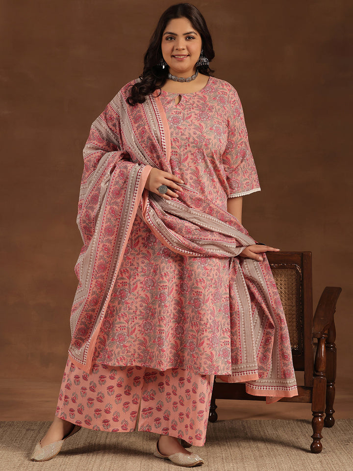 Plus Size Pink Printed Cotton Straight Suit With Dupatta