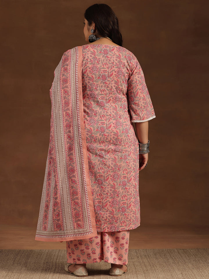 Plus Size Pink Printed Cotton Straight Suit With Dupatta