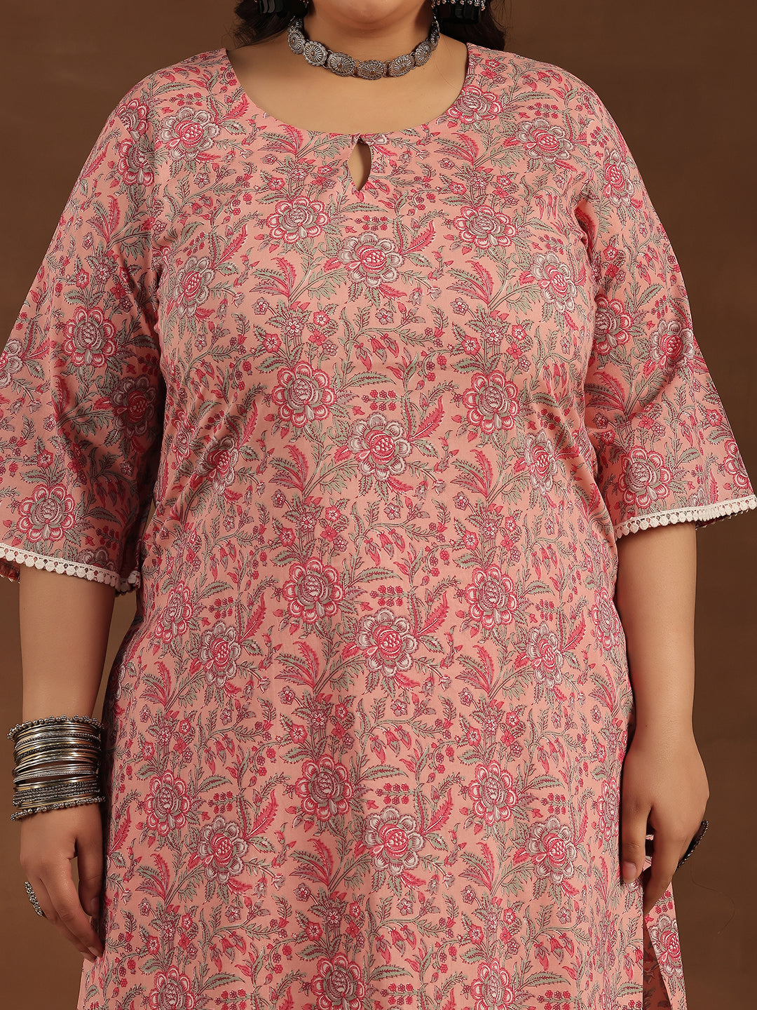 Plus Size Pink Printed Cotton Straight Suit With Dupatta