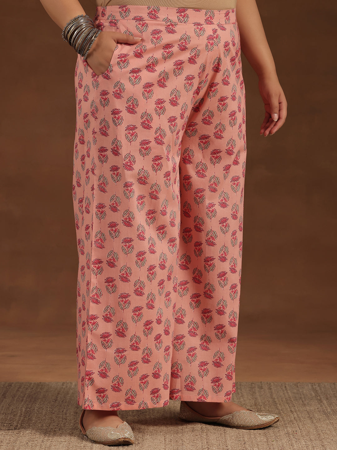 Plus Size Pink Printed Cotton Straight Suit With Dupatta