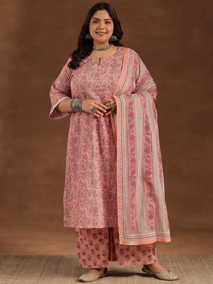 Plus Size Pink Printed Cotton Straight Suit With Dupatta