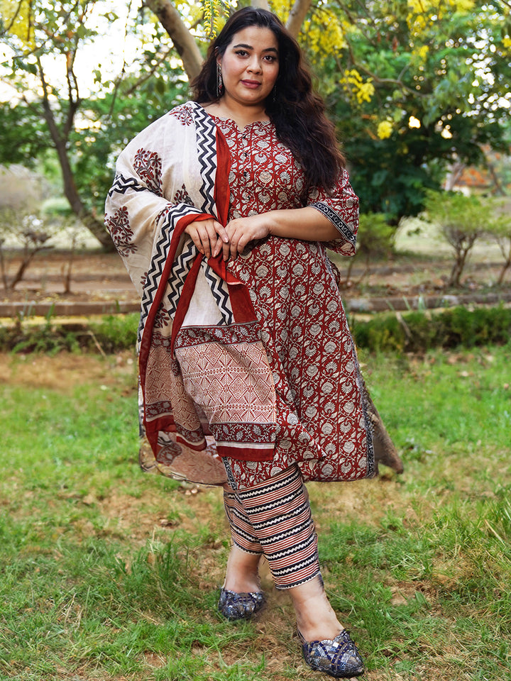 Plus Size Maroon Printed Cotton Straight Suit With Dupatta