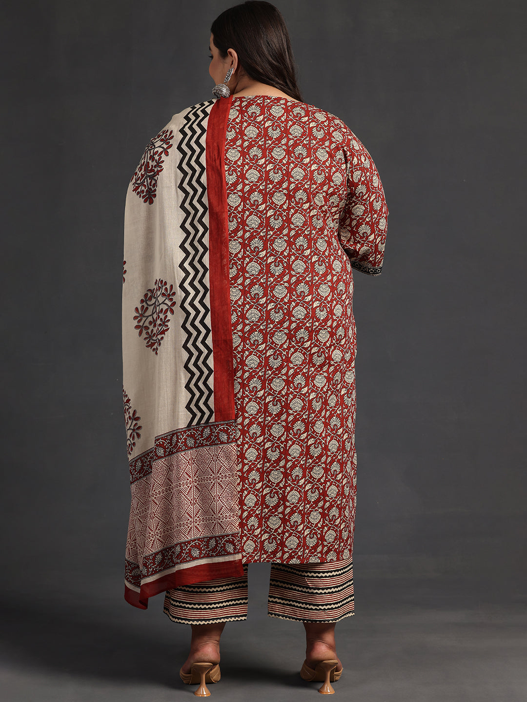 Plus Size Maroon Printed Cotton Straight Suit With Dupatta