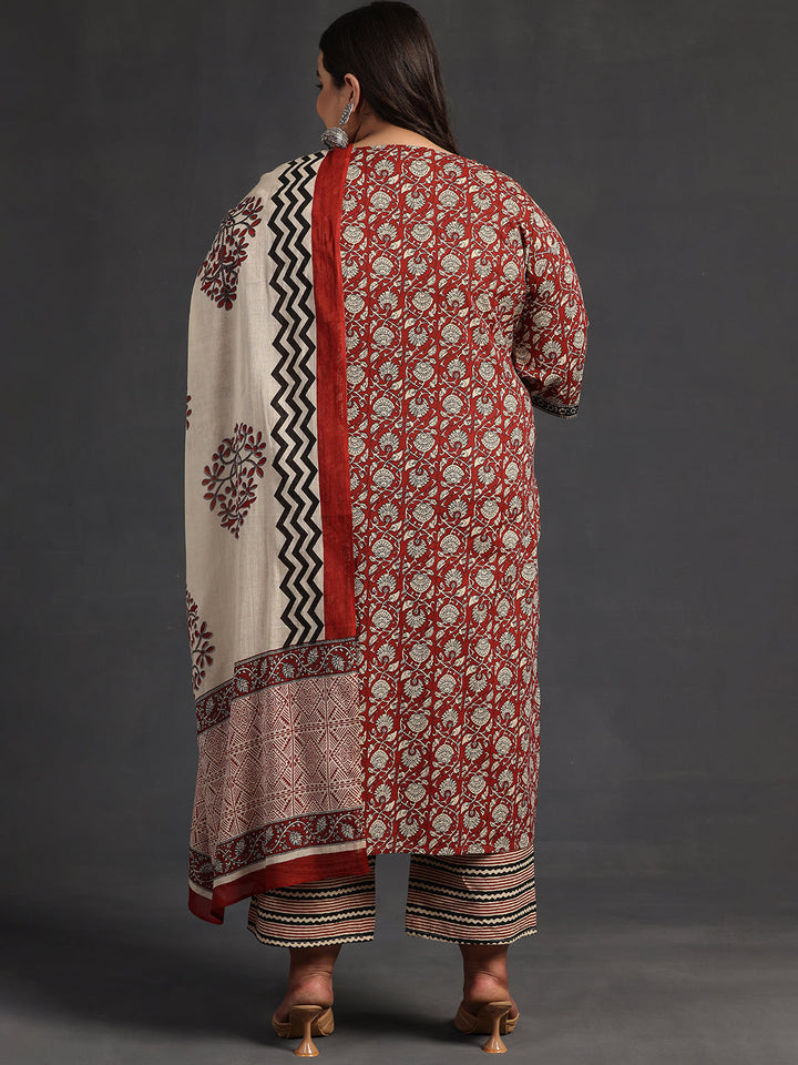 Plus Size Maroon Printed Cotton Straight Suit With Dupatta