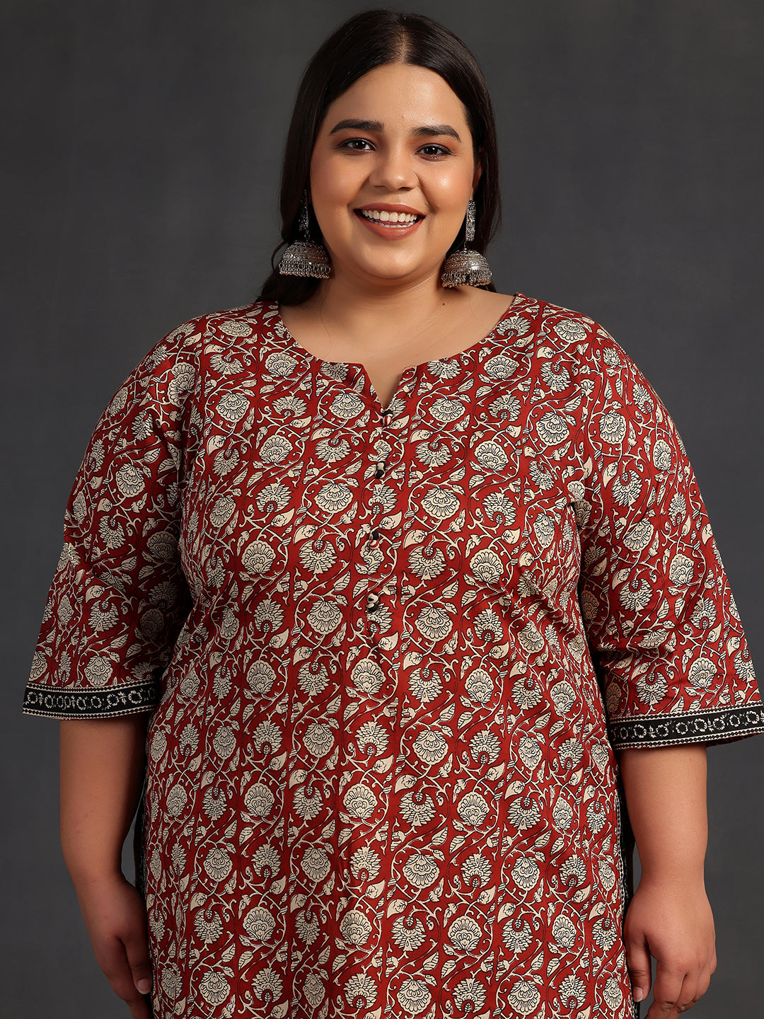 Plus Size Maroon Printed Cotton Straight Suit With Dupatta
