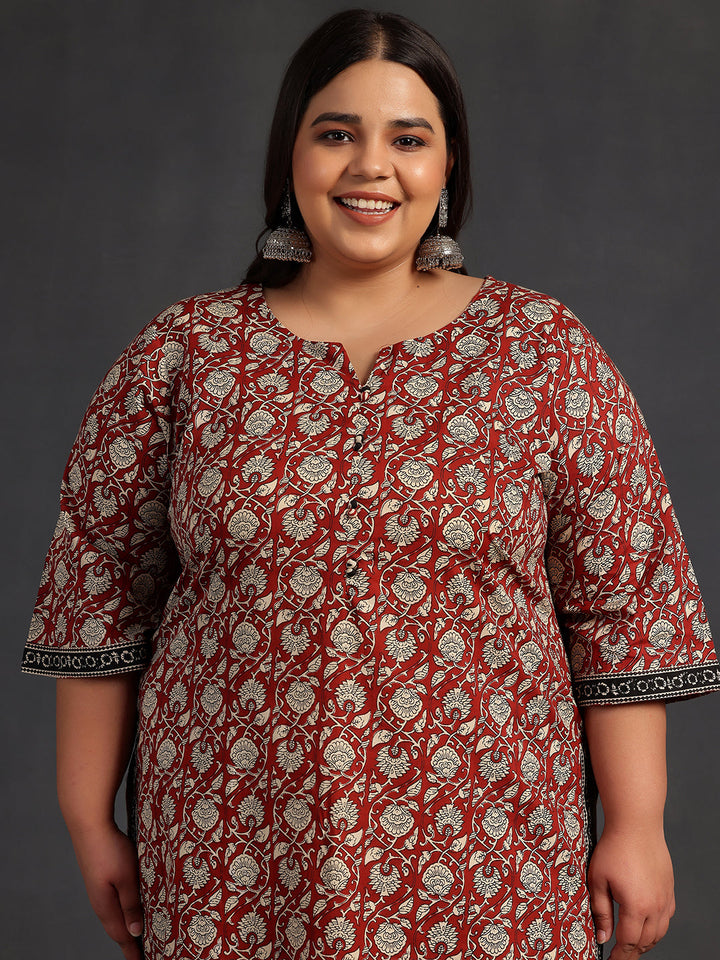 Plus Size Maroon Printed Cotton Straight Suit With Dupatta