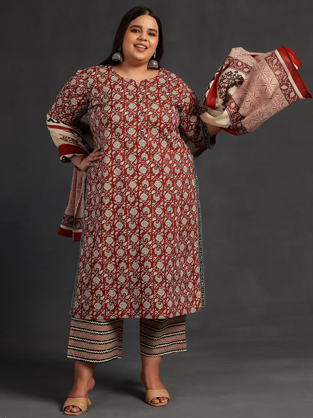 Plus Size Maroon Printed Cotton Straight Suit With Dupatta