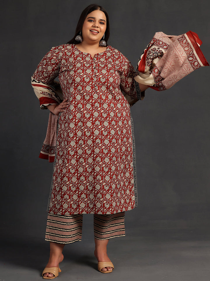 Plus Size Maroon Printed Cotton Straight Suit With Dupatta