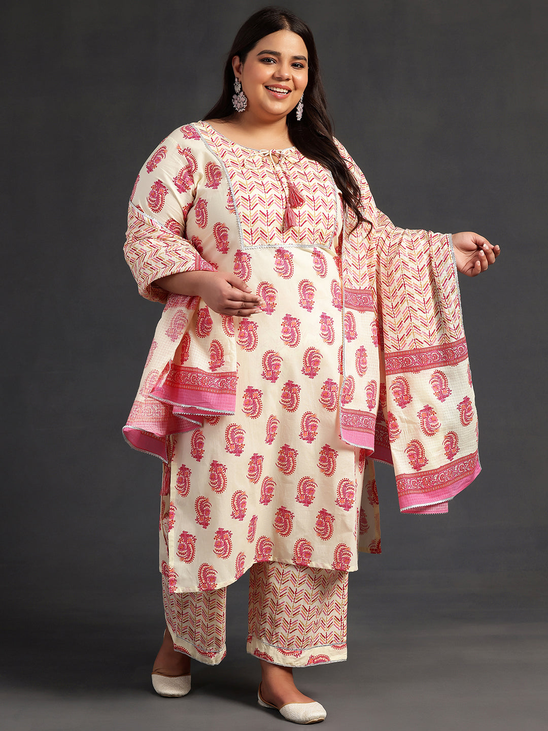 Plus Size Cream Printed Cotton Straight Suit With Dupatta