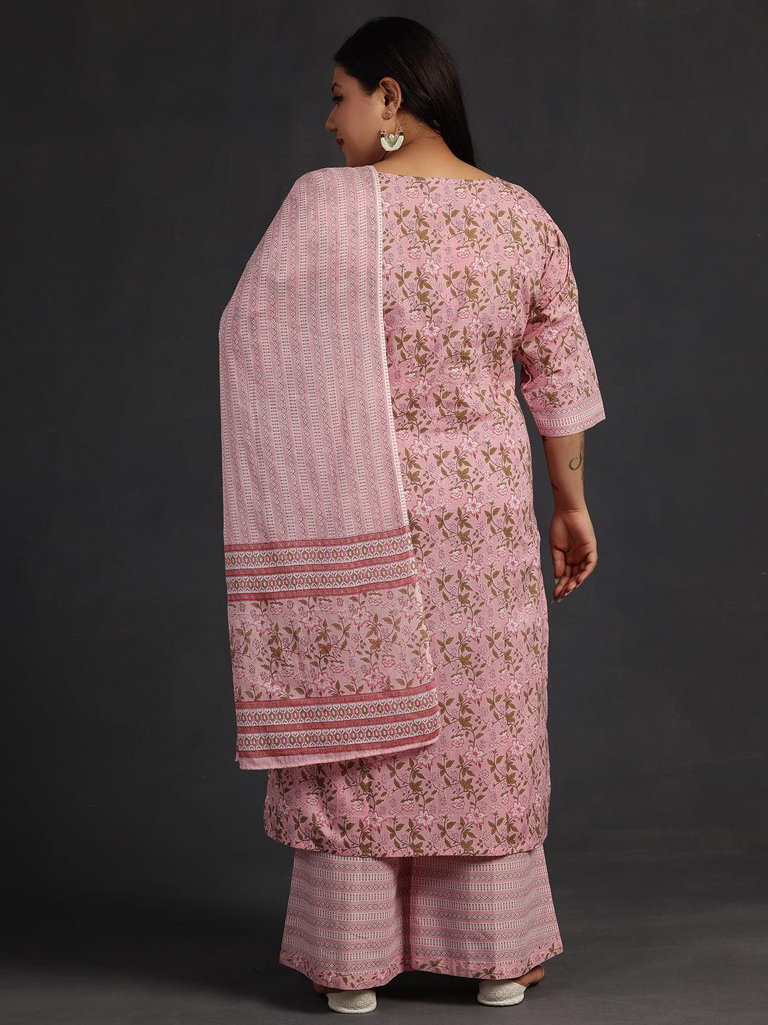 Plus Size Pink Yoke Design Cotton Straight Suit With Dupatta