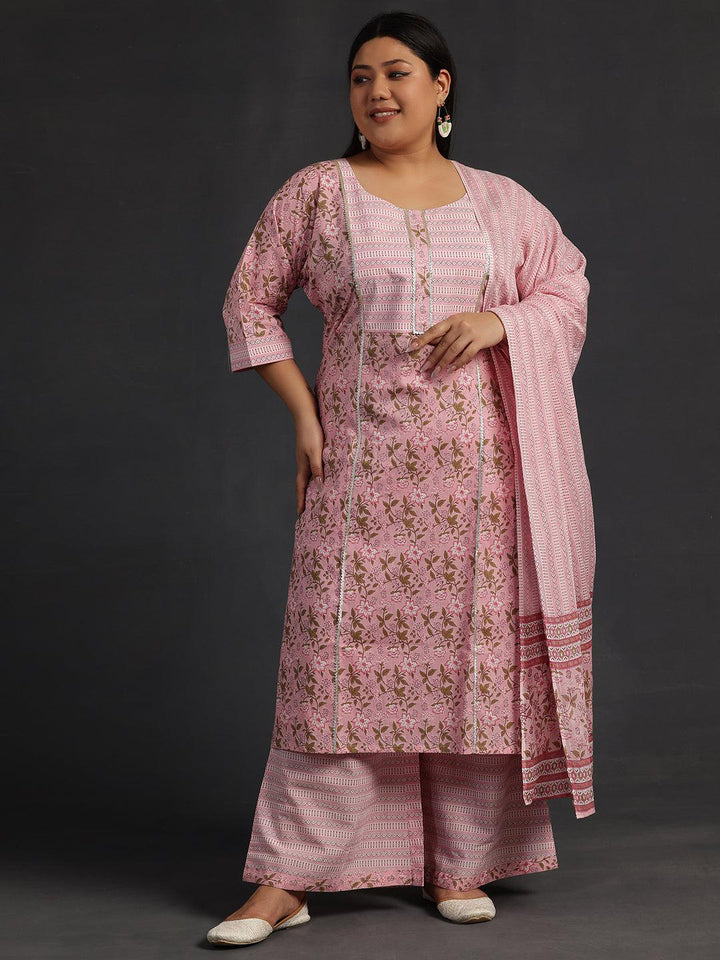 Plus Size Pink Yoke Design Cotton Straight Suit With Dupatta