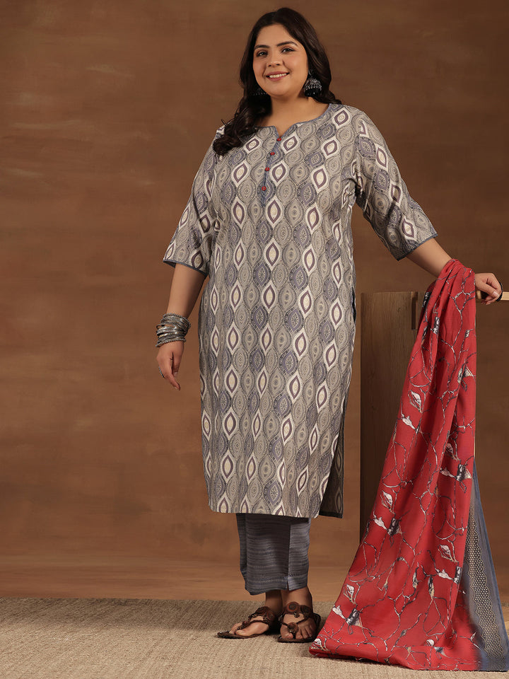 Plus Size Grey Printed Silk Blend Straight Suit With Dupatta