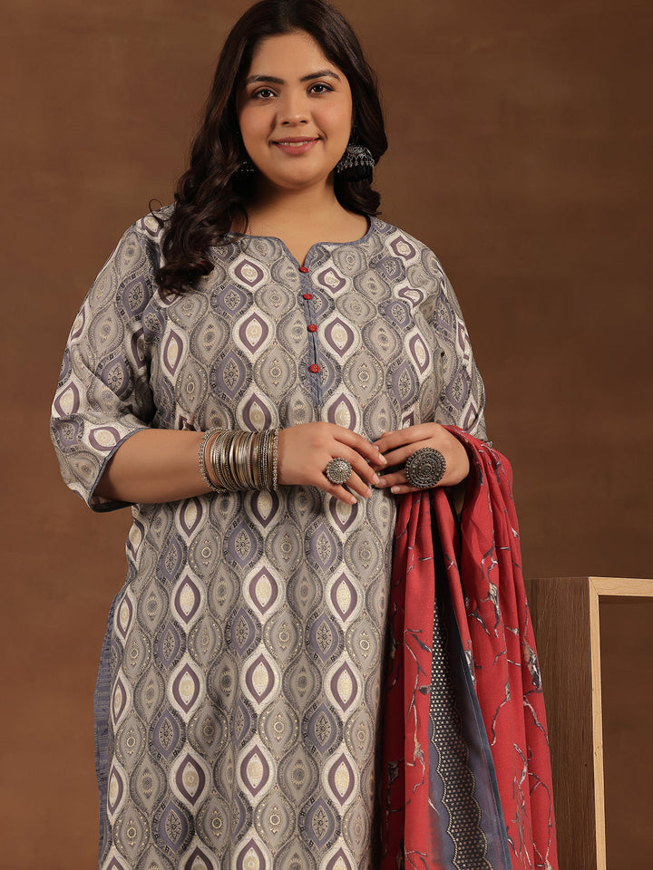 Plus Size Grey Printed Silk Blend Straight Suit With Dupatta