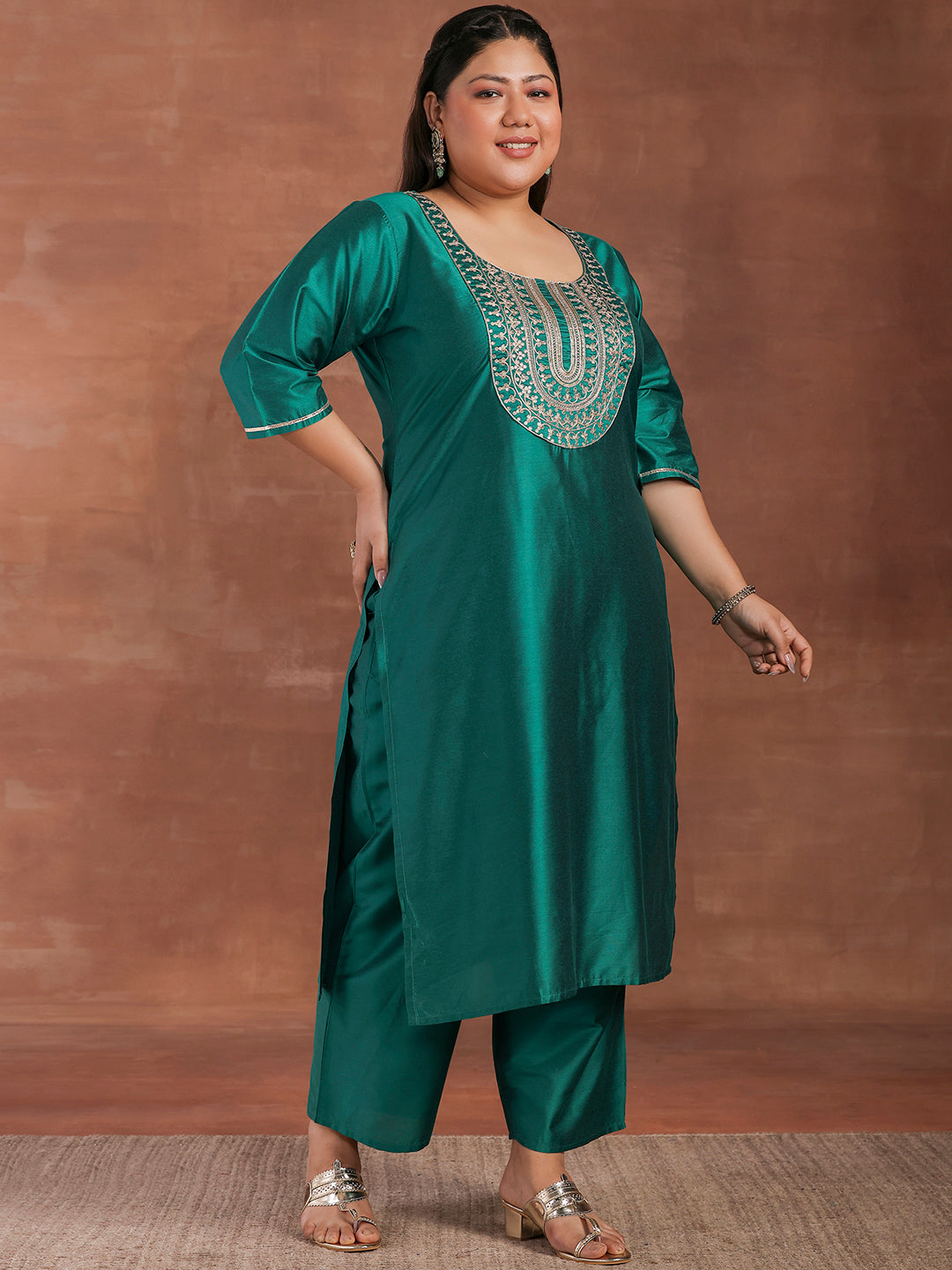 Plus Size Green Yoke Design Silk Blend Straight Suit With Dupatta