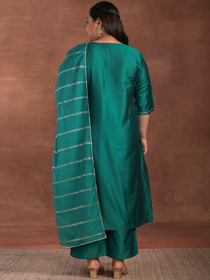 Plus Size Green Yoke Design Silk Blend Straight Suit With Dupatta