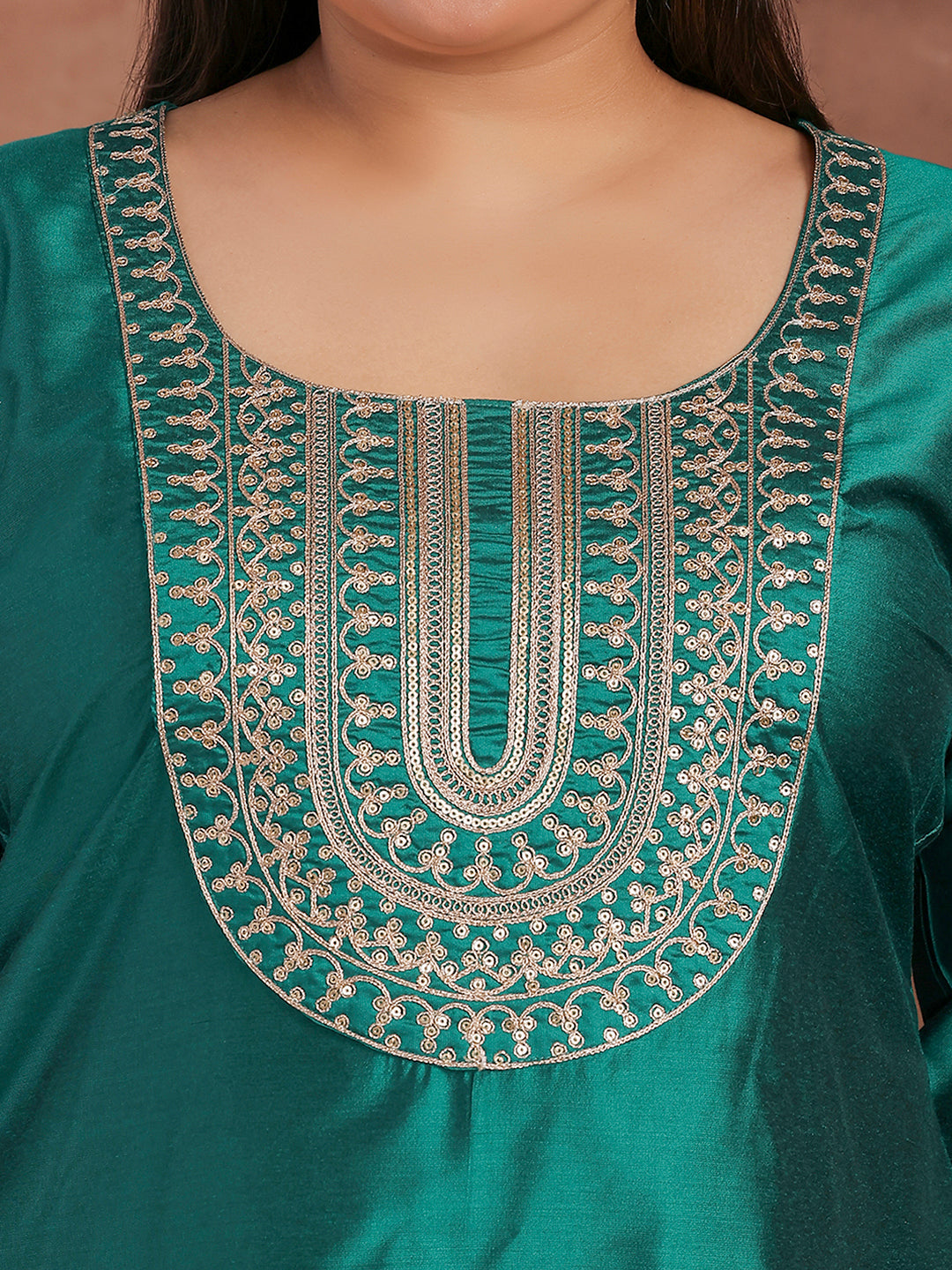 Plus Size Green Yoke Design Silk Blend Straight Suit With Dupatta