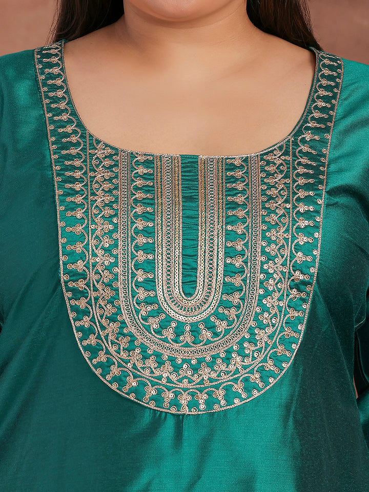 Plus Size Green Yoke Design Silk Blend Straight Suit With Dupatta