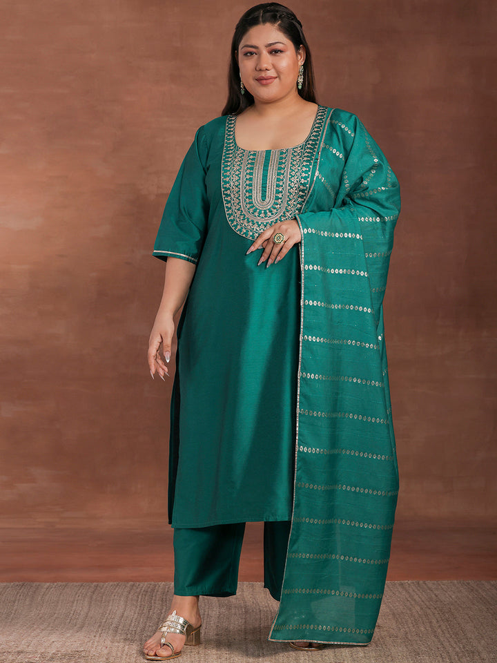 Plus Size Green Yoke Design Silk Blend Straight Suit With Dupatta