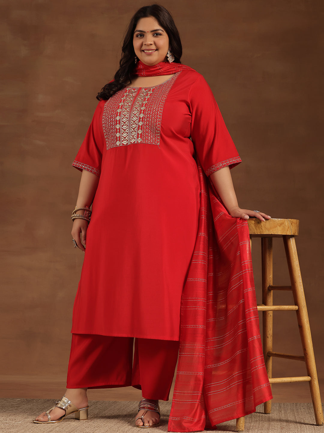Plus Size Red Yoke Design Silk Blend Straight Suit With Dupatta