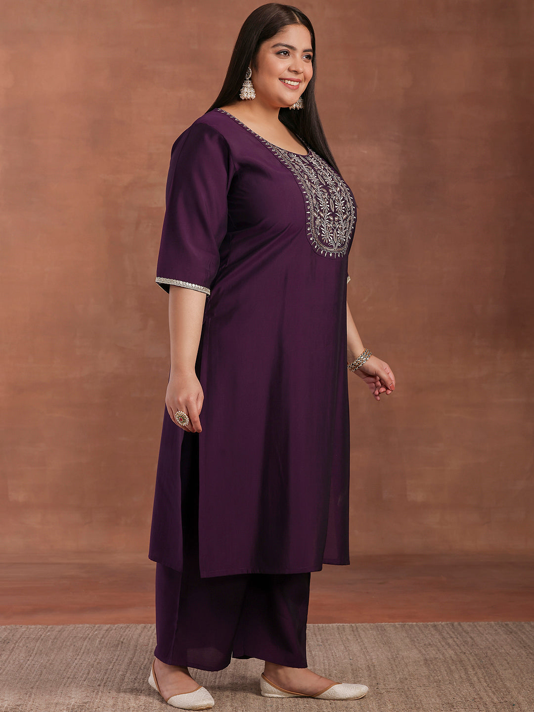 Plus Size Purple Yoke Design Silk Blend Straight Suit With Dupatta