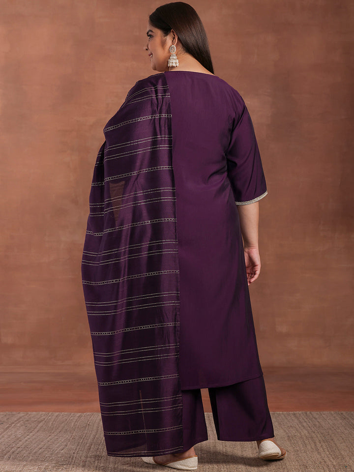 Plus Size Purple Yoke Design Silk Blend Straight Suit With Dupatta