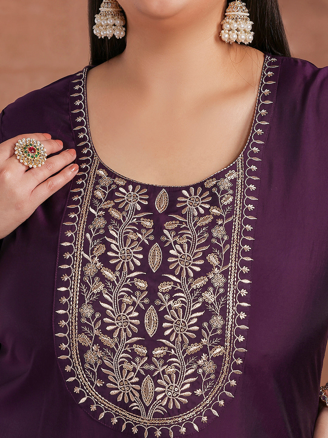 Plus Size Purple Yoke Design Silk Blend Straight Suit With Dupatta