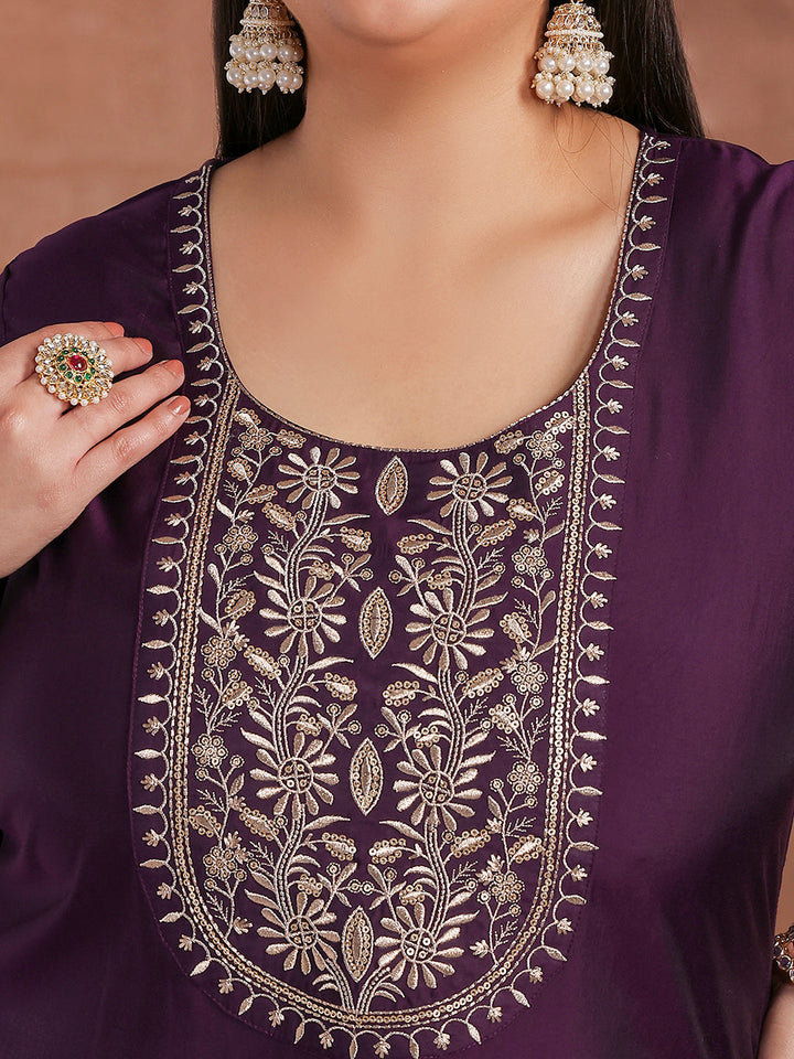 Plus Size Purple Yoke Design Silk Blend Straight Suit With Dupatta